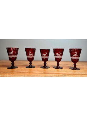 Set of 5 Vintage Egermann Red Bohemian stemmed paneled wine goblet/cordial glass